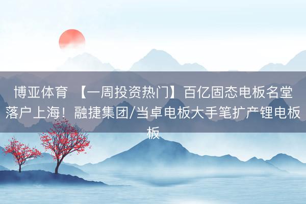 博亚体育 【一周投资热门】百亿固态电板名堂落户上海!融捷集团/当卓电板大手笔扩产锂电板